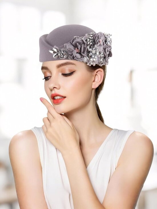 Women\'s British Felt hat Church Derby Headdress Floral Beret hat Grey main image 4